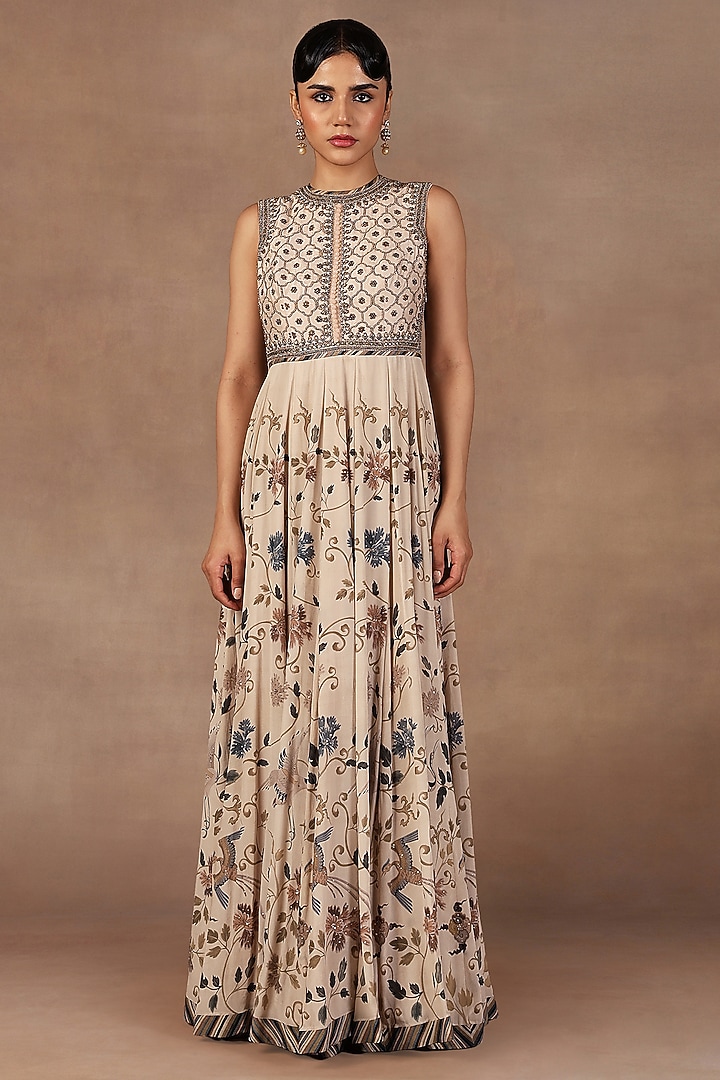 Cream Ivory Crepe Georgette Sequins Embroidered Maxi Party Wear Dress by JJ Valaya at Pernia's Pop Up Shop