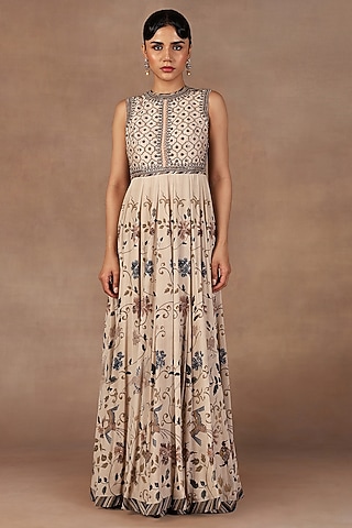 Cream Ivory Crepe Georgette Sequins Embroidered Maxi Dress by JJ Valaya