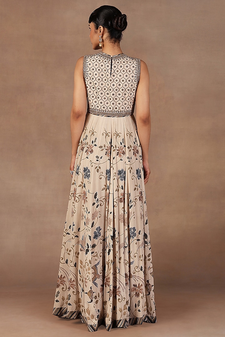 Cream Ivory Crepe Georgette Sequins Embroidered Maxi Party Wear Dress by JJ Valaya at Pernia's Pop Up Shop