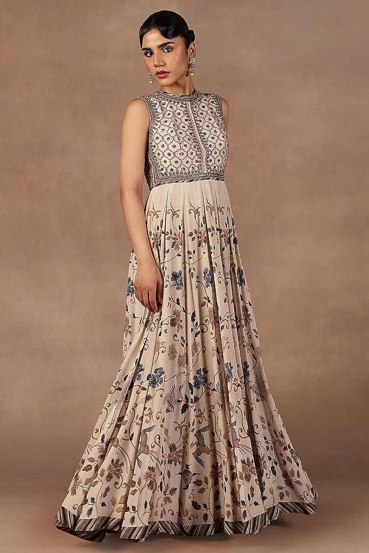 Cream Ivory Crepe Georgette Sequins Embroidered Maxi Party Wear Dress by JJ Valaya at Pernia's Pop Up Shop