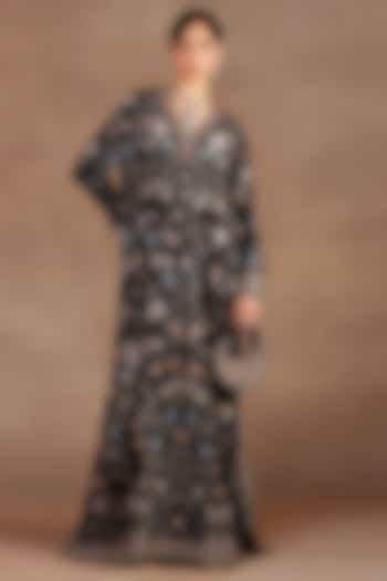 Black Silk Printed & Sequins Embroidered Kaftan by JJ Valaya at Pernia's Pop Up Shop
