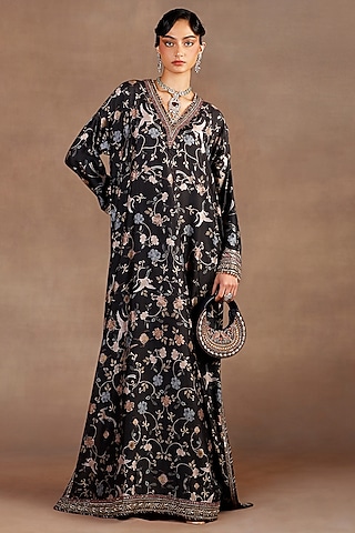 Black Silk Printed & Sequins Embroidered Kaftan by JJ Valaya