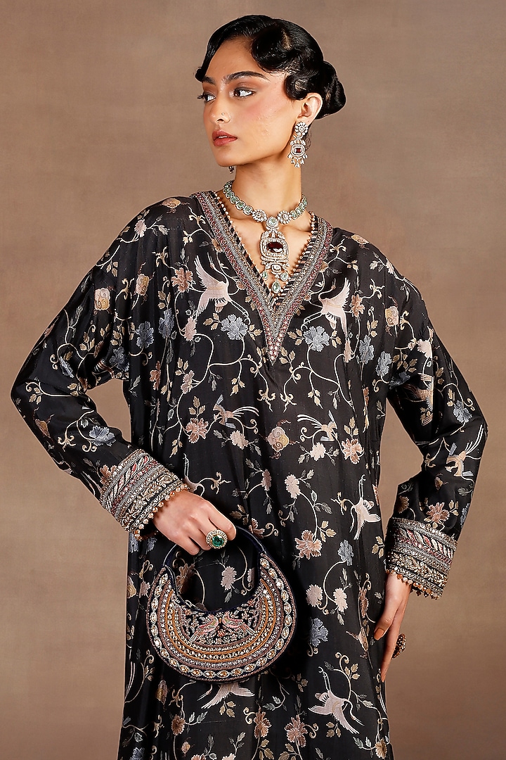Black Silk Printed & Sequins Embroidered Kaftan by JJ Valaya at Pernia's Pop Up Shop