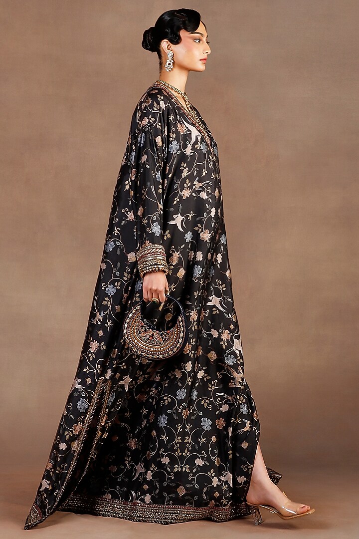 Black Silk Printed & Sequins Embroidered Kaftan by JJ Valaya at Pernia's Pop Up Shop