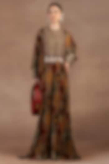 Taupe Silk Velvet Ikat Printed & Embroidered Kaftan by JJ Valaya at Pernia's Pop Up Shop