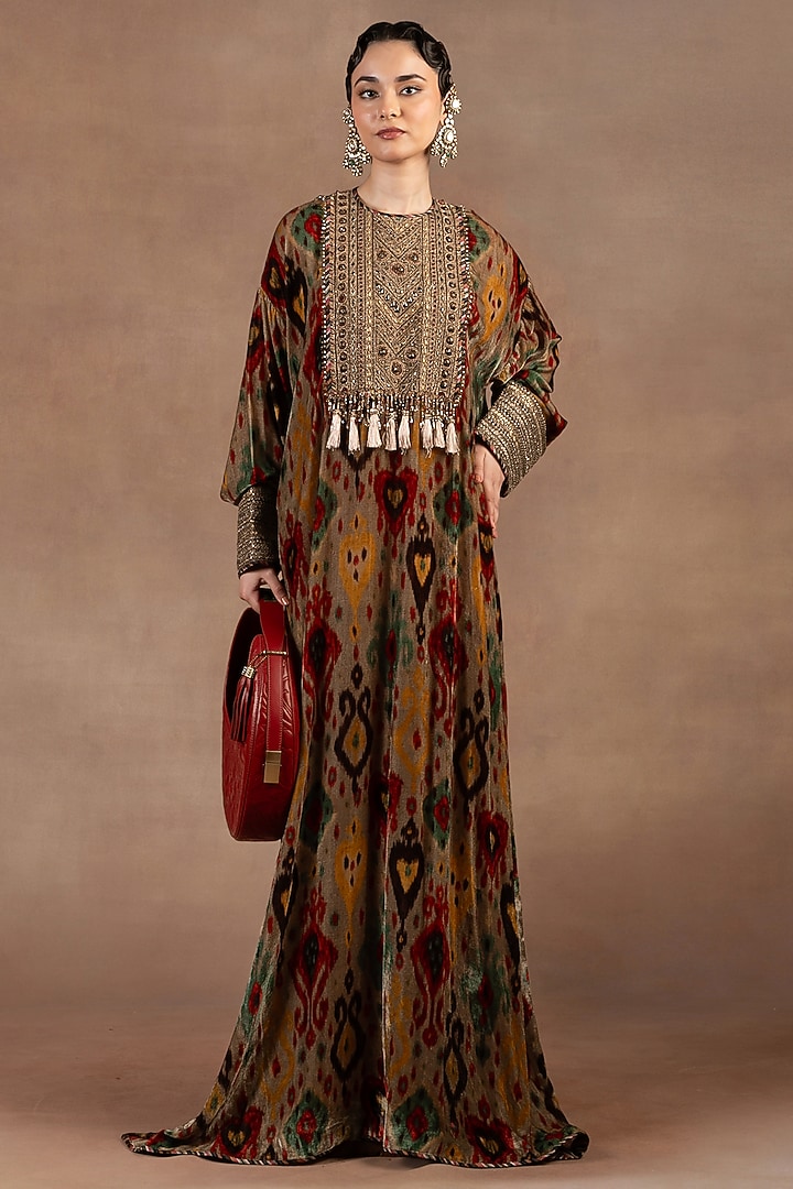 Taupe Silk Velvet Ikat Printed & Embroidered Kaftan by JJ Valaya at Pernia's Pop Up Shop