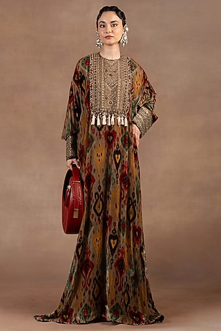 Taupe Silk Velvet Ikat Printed & Embroidered Kaftan by JJ Valaya
