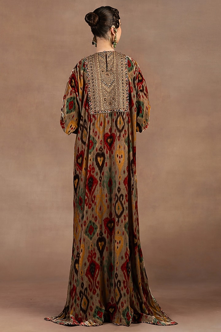 Taupe Silk Velvet Ikat Printed & Embroidered Kaftan by JJ Valaya at Pernia's Pop Up Shop
