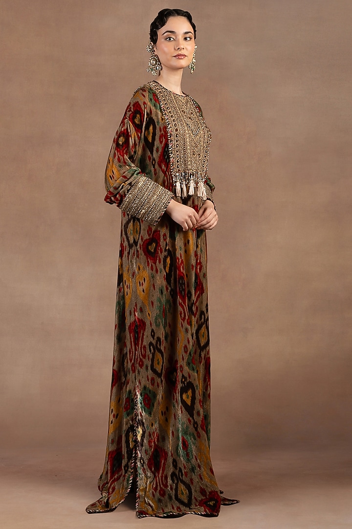Taupe Silk Velvet Ikat Printed & Embroidered Kaftan by JJ Valaya at Pernia's Pop Up Shop