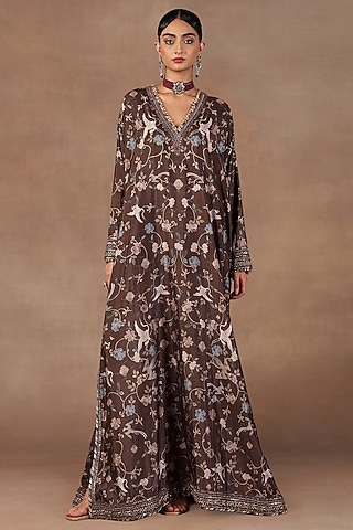 Mocha Brown Silk Sequins Embroidered Kaftan by JJ Valaya