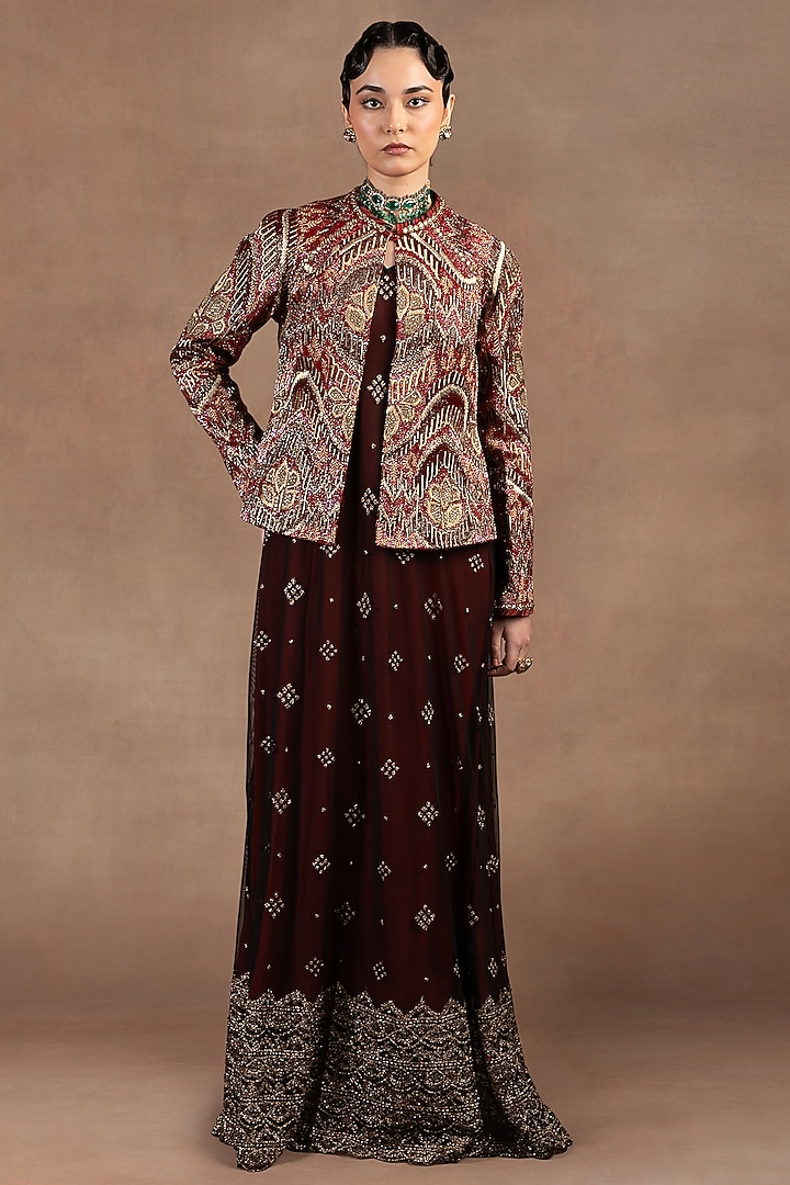 Red Silk Zari Embroidered Ikat Jacket by JJ Valaya at Pernia's Pop Up Shop