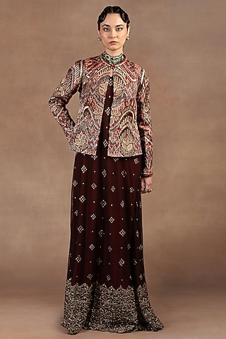 Red Silk Zari Embroidered Ikat Jacket by JJ Valaya