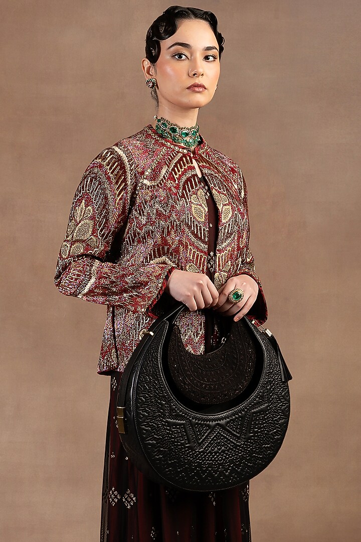 Red Silk Zari Embroidered Ikat Jacket by JJ Valaya at Pernia's Pop Up Shop
