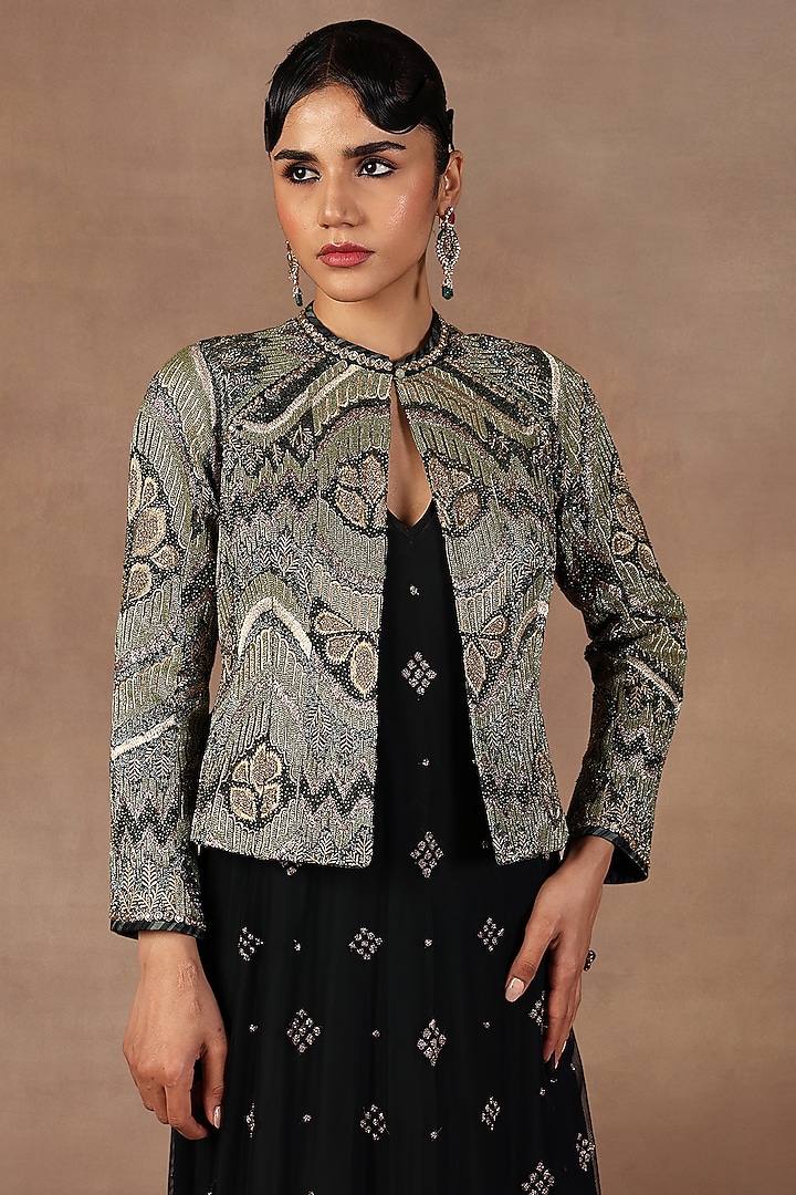 Emerald Green Silk Resham Embroidered Ikat Jacket by JJ Valaya at Pernia's Pop Up Shop