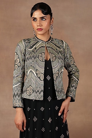 Emerald Green Silk Resham Embroidered Ikat Jacket by JJ Valaya