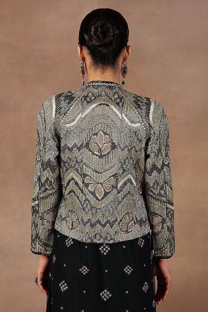 Emerald Green Silk Resham Embroidered Ikat Jacket by JJ Valaya at Pernia's Pop Up Shop