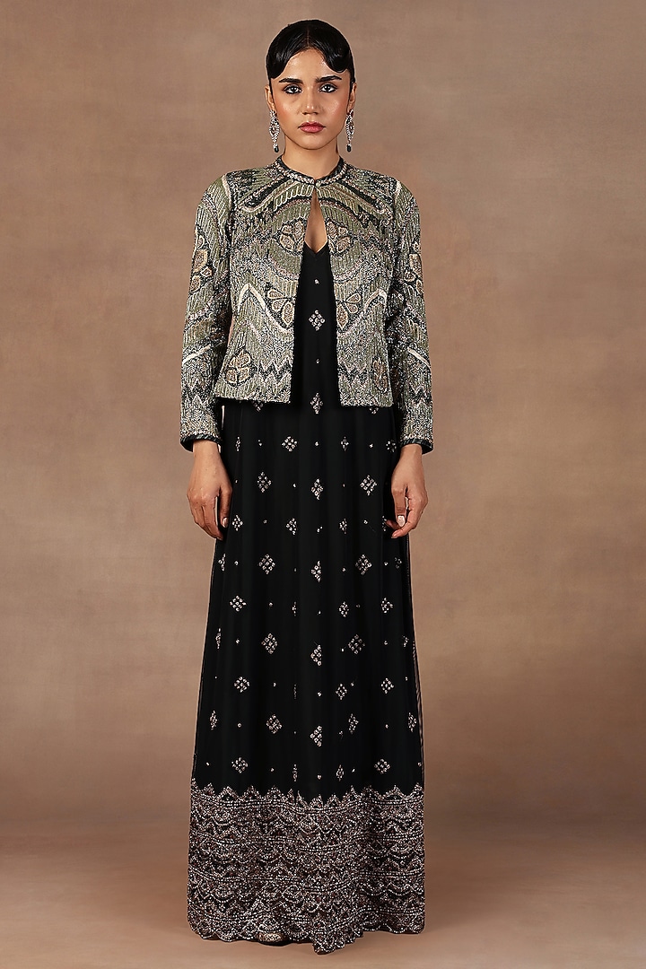 Emerald Green Silk Resham Embroidered Ikat Jacket by JJ Valaya at Pernia's Pop Up Shop