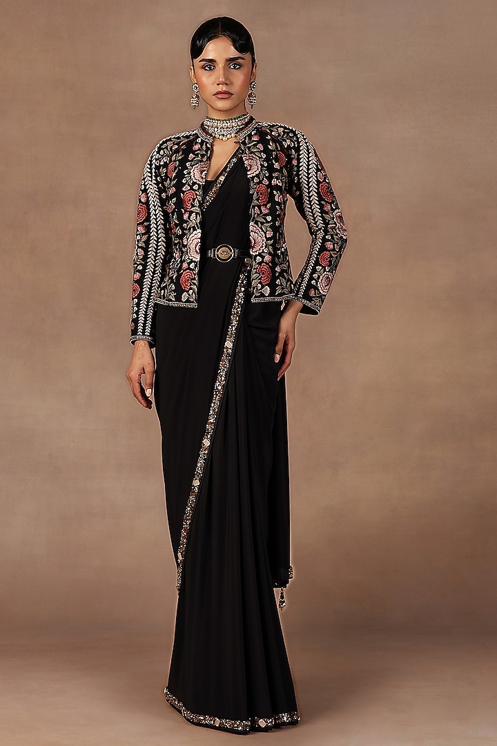 Black Silk Resham Embroidered Jacket by JJ Valaya at Pernia's Pop Up Shop