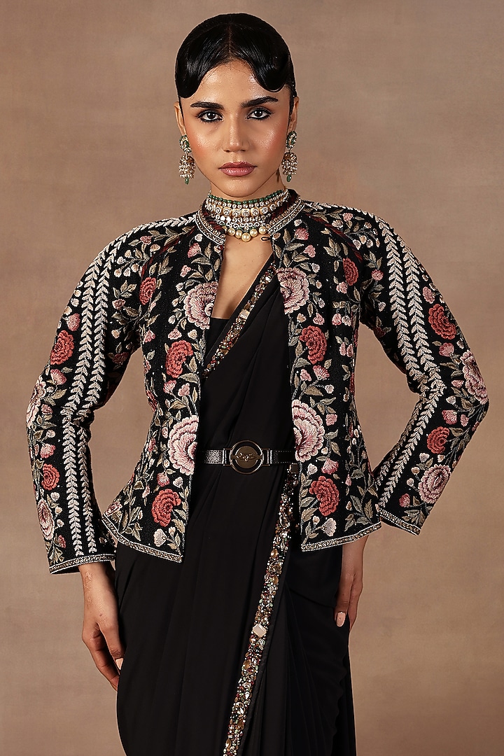 Black Silk Resham Embroidered Jacket by JJ Valaya at Pernia's Pop Up Shop