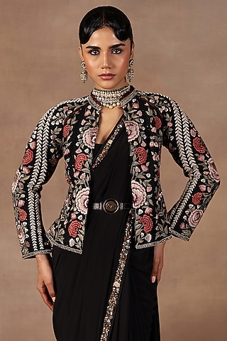 Black Silk Resham Embroidered Jacket by JJ Valaya