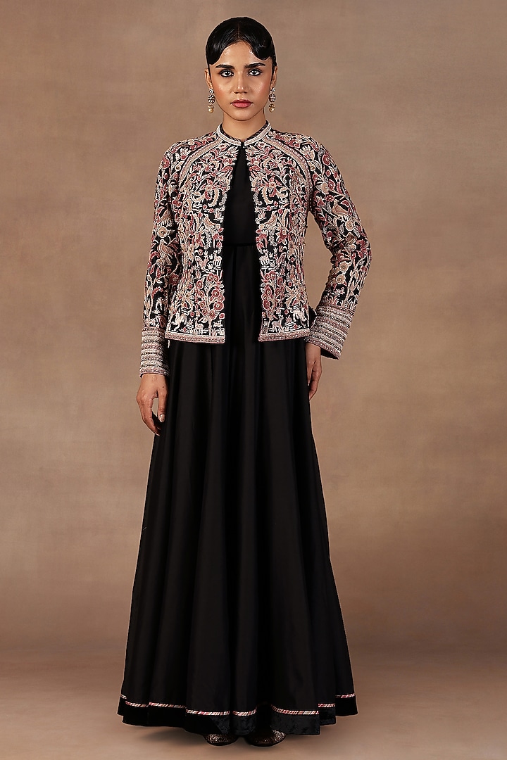 Black Silk Resham Embroidered Jacket by JJ Valaya at Pernia's Pop Up Shop