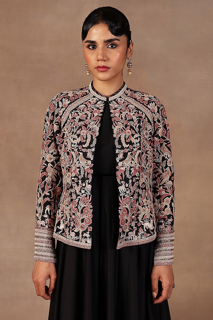 Black Silk Resham Embroidered Jacket by JJ Valaya at Pernia's Pop Up Shop