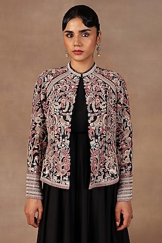 Black Silk Resham Embroidered Jacket by JJ Valaya