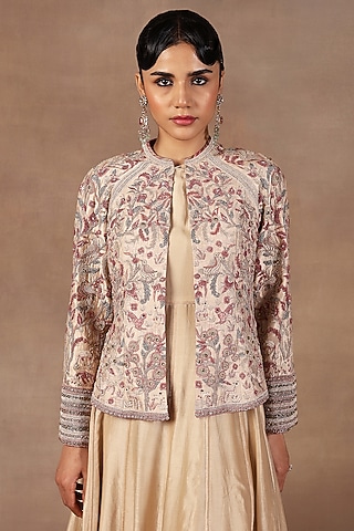 Ivory Silk Resham Embroidered Jacket by JJ Valaya