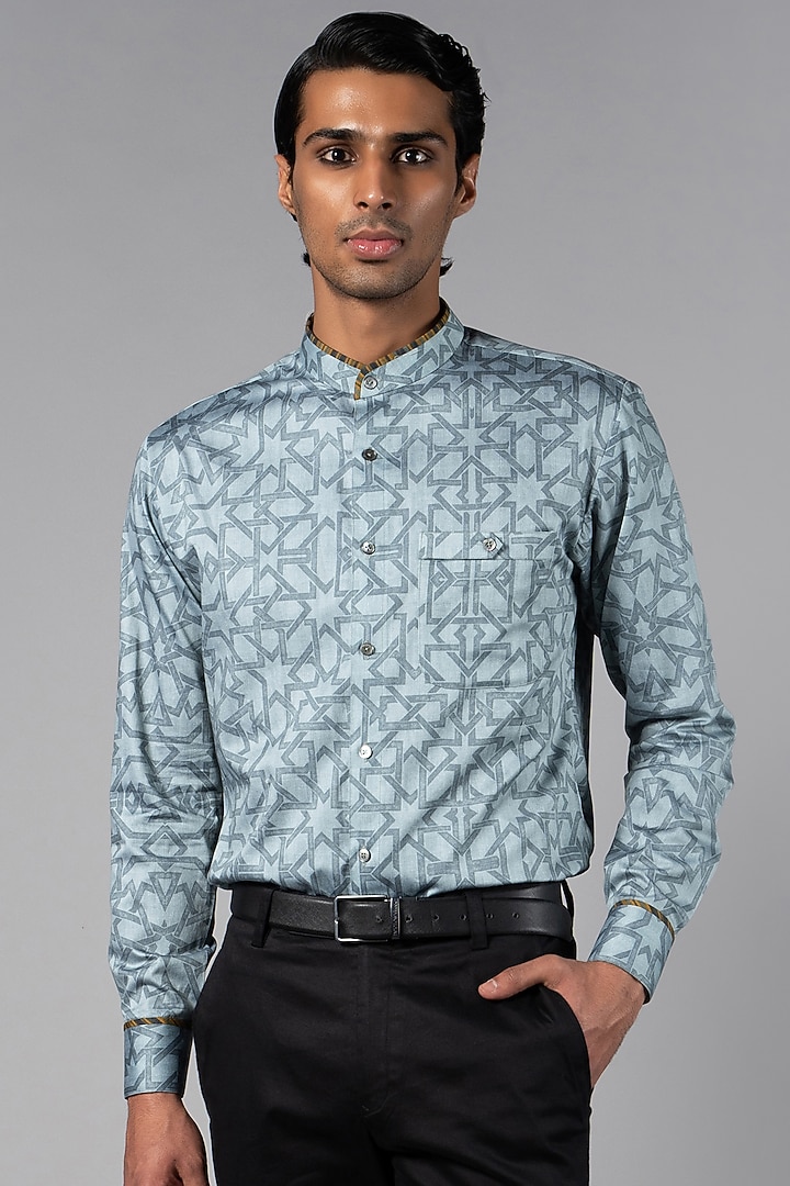 Light Blue Giza Cotton Printed Party Wear Shirt by JJV.Kapurthala By JJ Valaya Men at Pernia's Pop Up Shop