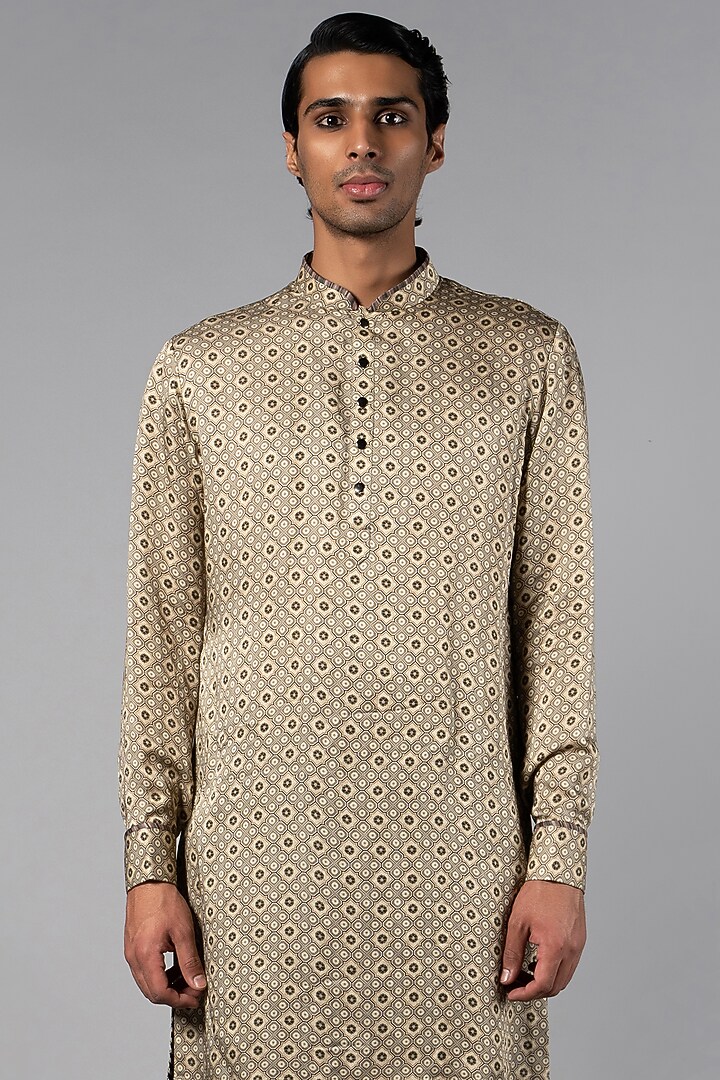 Beige Linen Satin Printed Kurta by JJV.Kapurthala By JJ Valaya Men at Pernia's Pop Up Shop