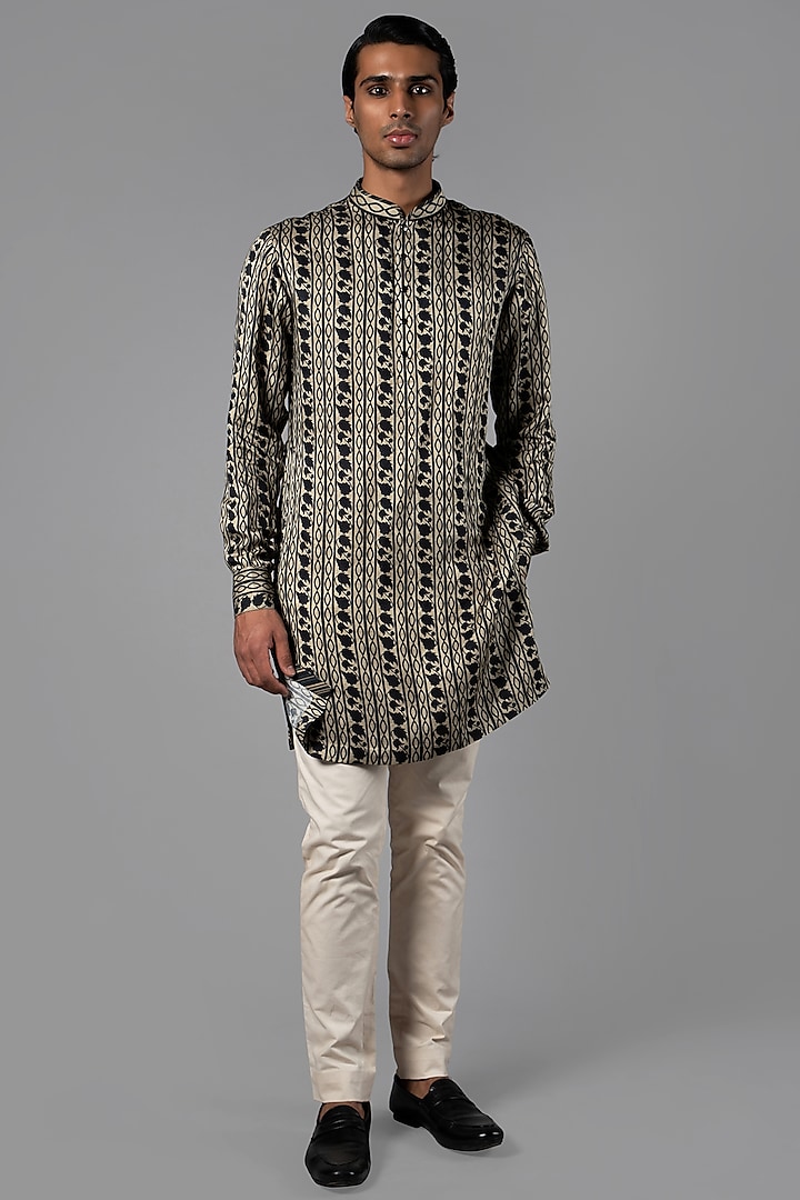 Dark Beige Linen Satin Printed Kurta by JJV.Kapurthala By JJ Valaya Men