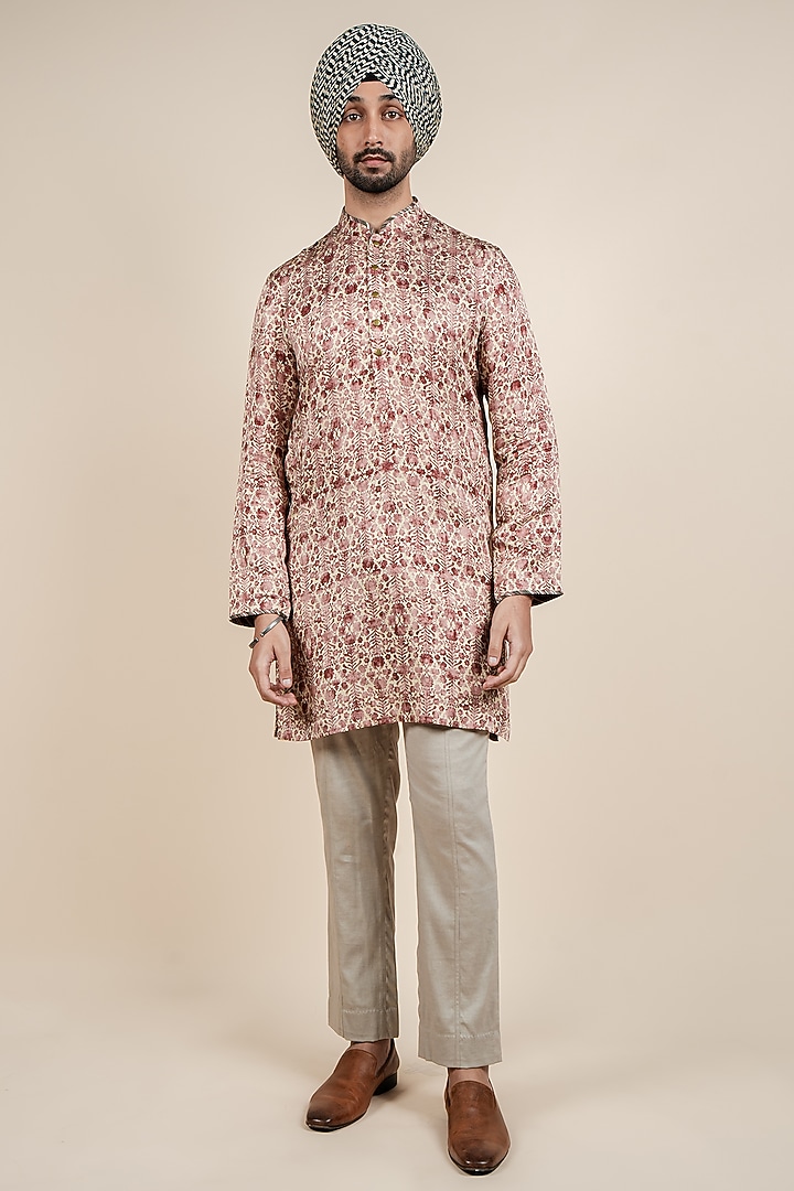 Light Beige Linen Satin Printed Kurta by JJV.Kapurthala By JJ Valaya Men at Pernia's Pop Up Shop