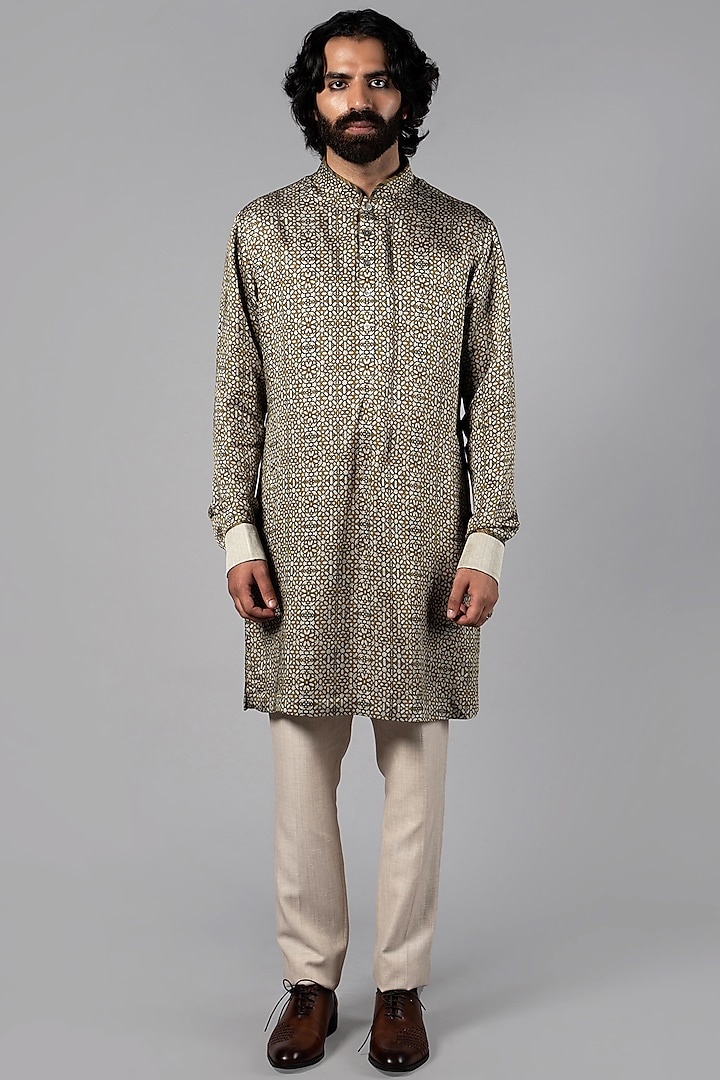 Light Grey Linen Satin Printed Kurta by JJV.Kapurthala By JJ Valaya Men at Pernia's Pop Up Shop