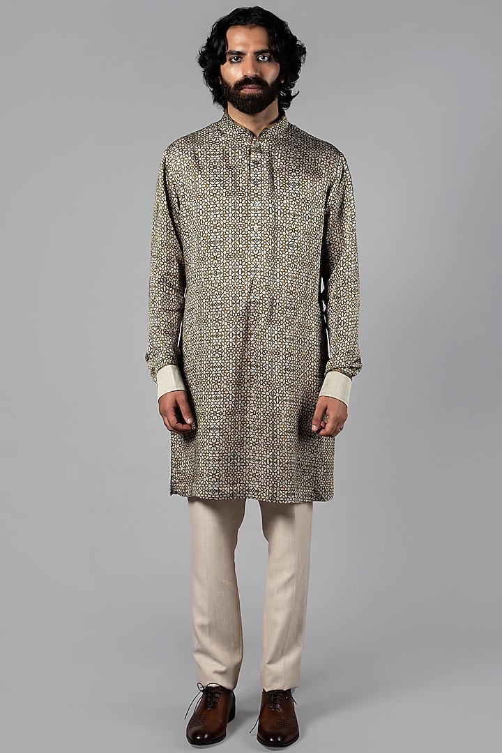 Light Grey Linen Satin Printed Kurta by JJV.Kapurthala By JJ Valaya Men