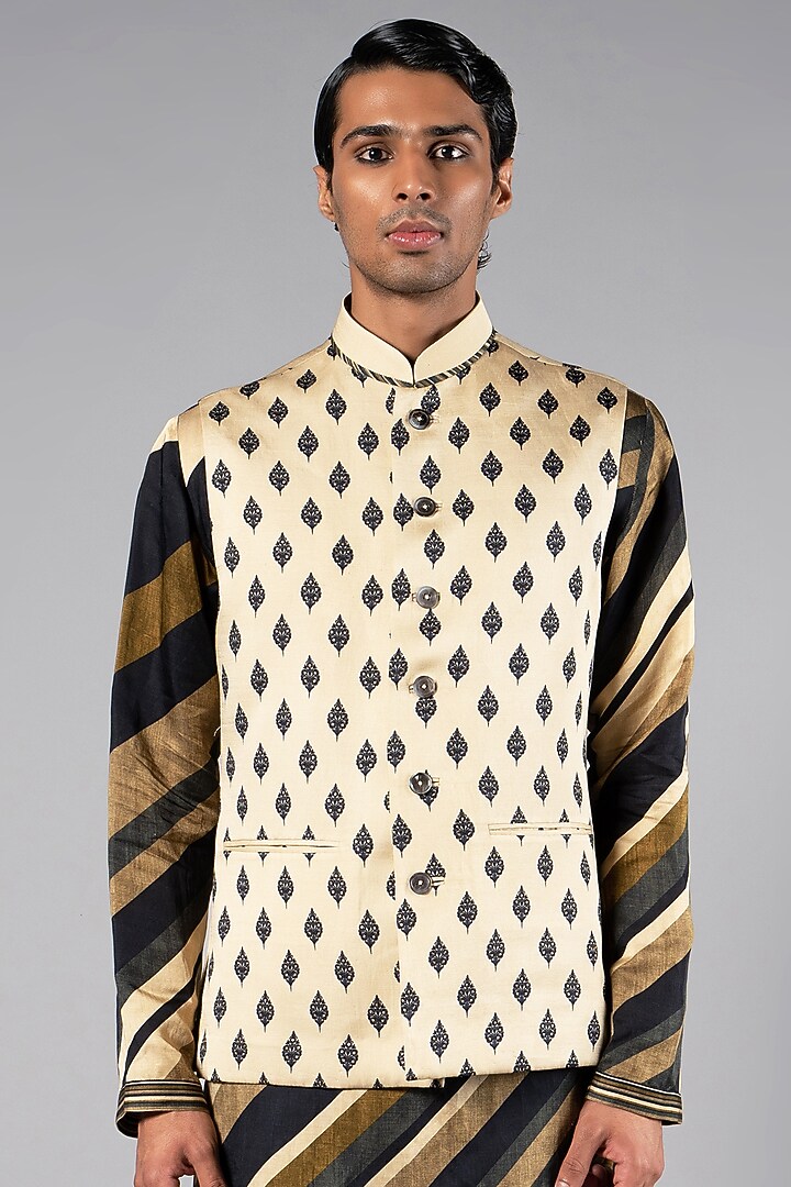 Light Beige Linen Satin Printed Nehru Jacket by JJV.Kapurthala By JJ Valaya Men at Pernia's Pop Up Shop