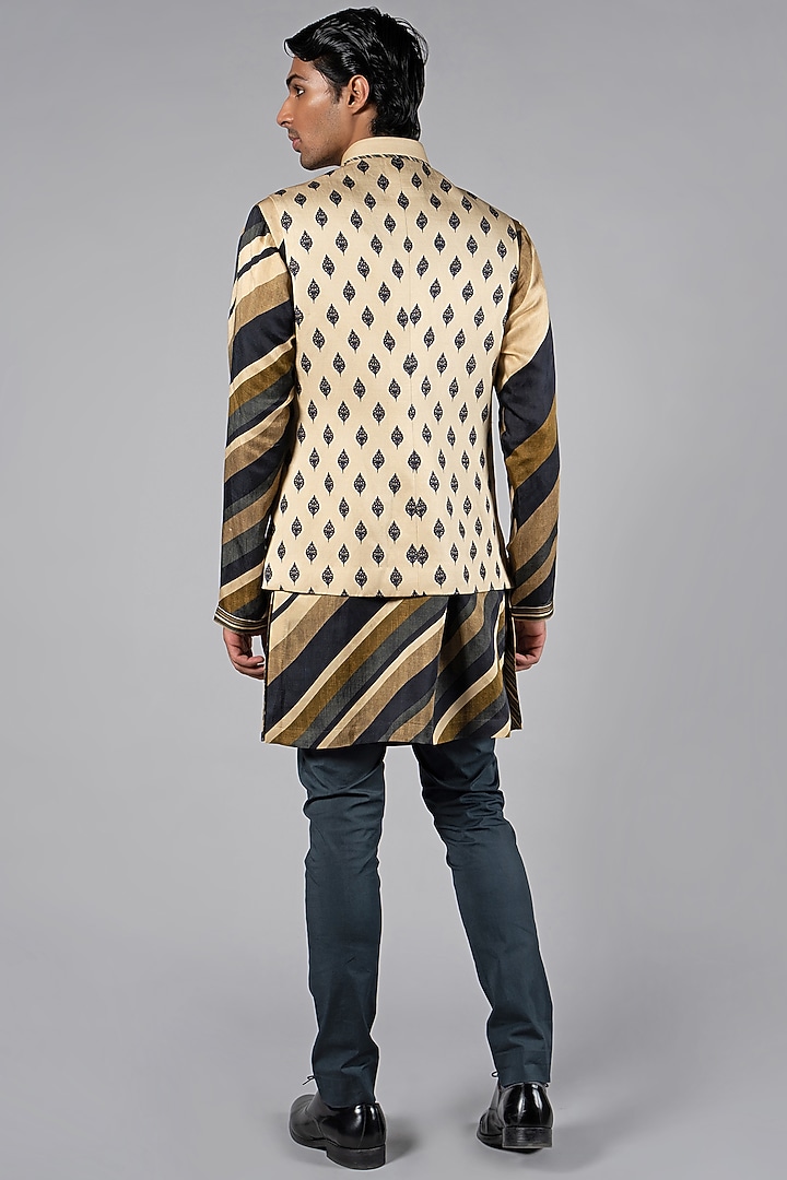 Light Beige Linen Satin Printed Nehru Jacket by By