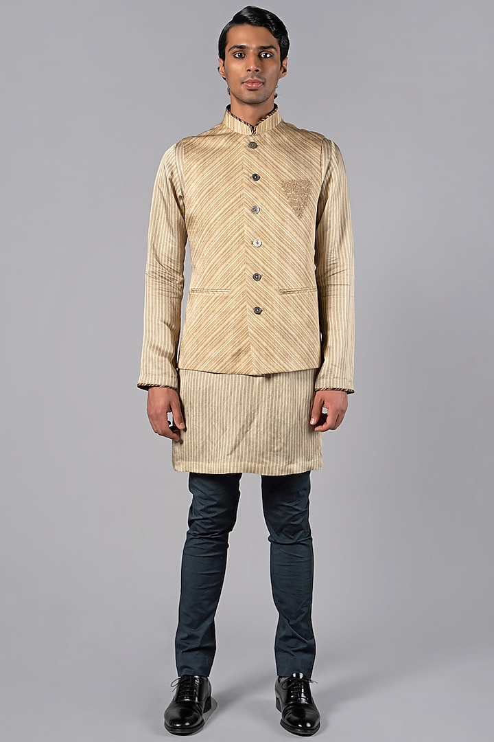 Dark Beige Linen Satin Printed Nehru Jacket by JJV.Kapurthala By JJ Valaya Men
