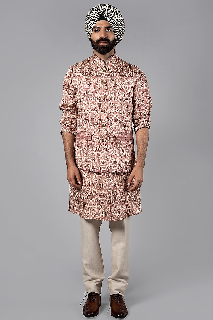 Light Beige Linen Satin Printed Nehru Jacket by JJV.Kapurthala By JJ Valaya Men