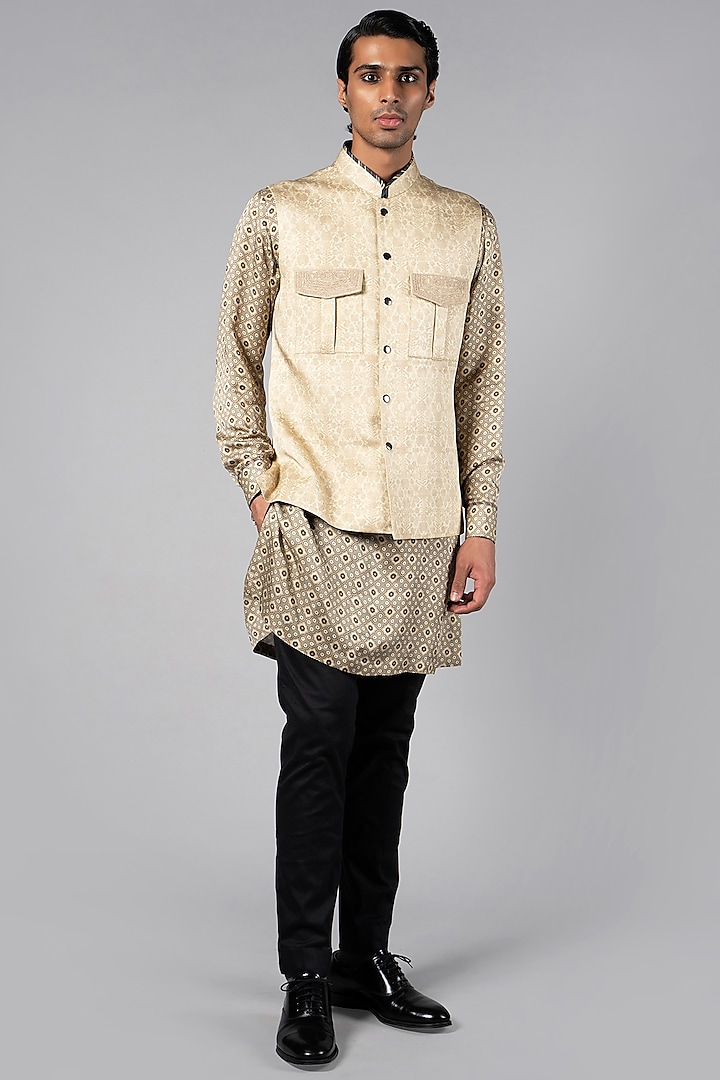 Light Beige Linen Satin Printed Nehru Jacket by JJV.Kapurthala By JJ Valaya Men