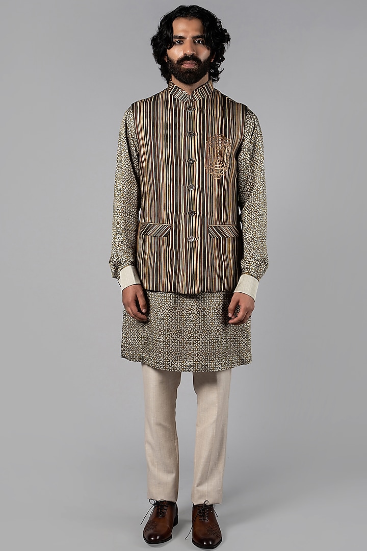 Multi-Colored Linen Satin Printed Nehru Jacket by JJV.Kapurthala By JJ Valaya Men