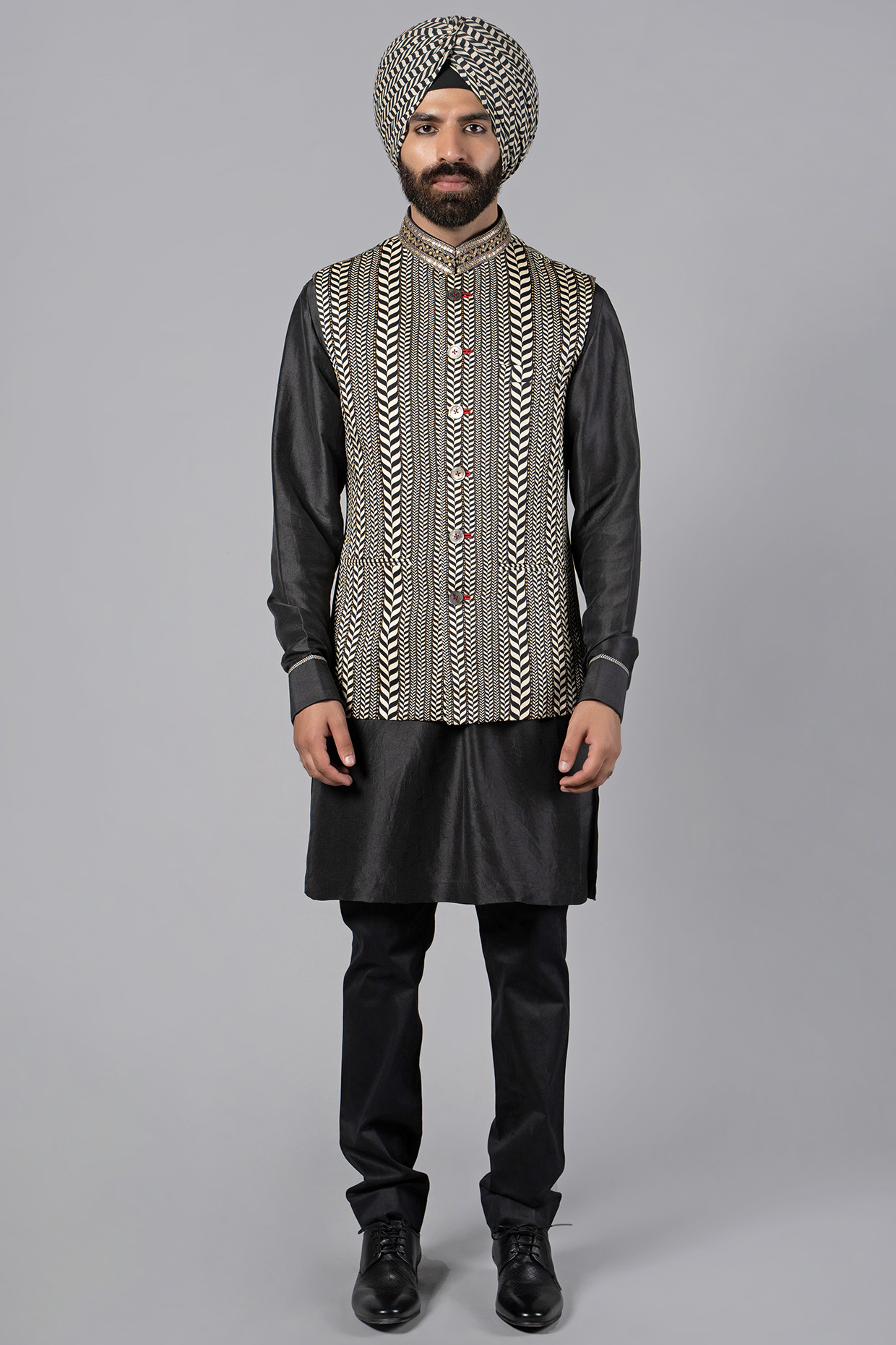 Black White Linen Printed Nehru Jacket Design by JJV.Kapurthala