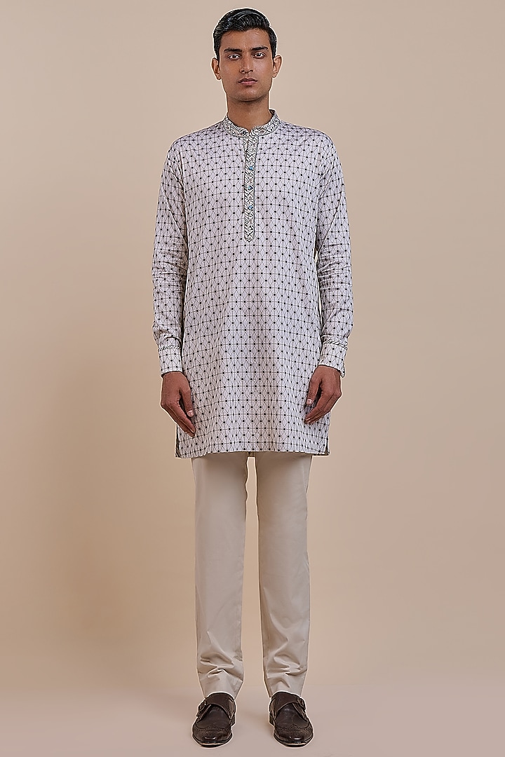 Ivory Giza Cotton Printed Short Kurta by JJV.Kapurthala By JJ Valaya Men at Pernia's Pop Up Shop