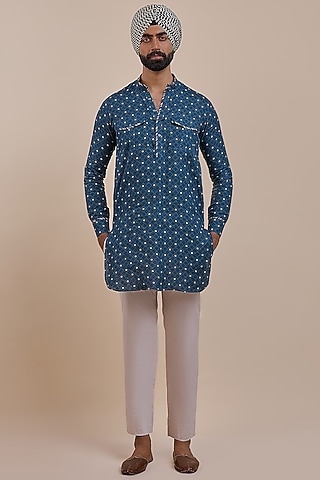 Navy Blue Linen Geometric Printed Kurta by JJV.Kapurthala By JJ Valaya Men