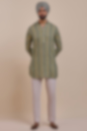 Olive Green Linen Striped Kurta by JJV.Kapurthala By JJ Valaya Men at Pernia's Pop Up Shop