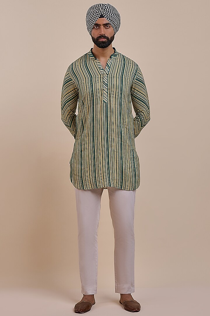 Olive Green Linen Striped Kurta by JJV.Kapurthala By JJ Valaya Men at Pernia's Pop Up Shop