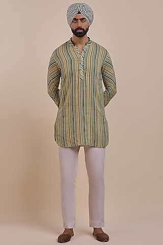 Olive Green Linen Striped Kurta by JJV.Kapurthala By JJ Valaya Men