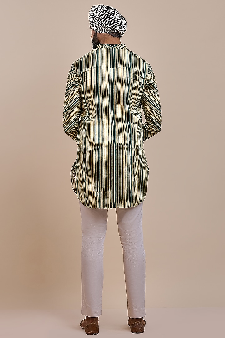 Olive Green Linen Striped Kurta by JJV.Kapurthala By JJ Valaya Men at Pernia's Pop Up Shop