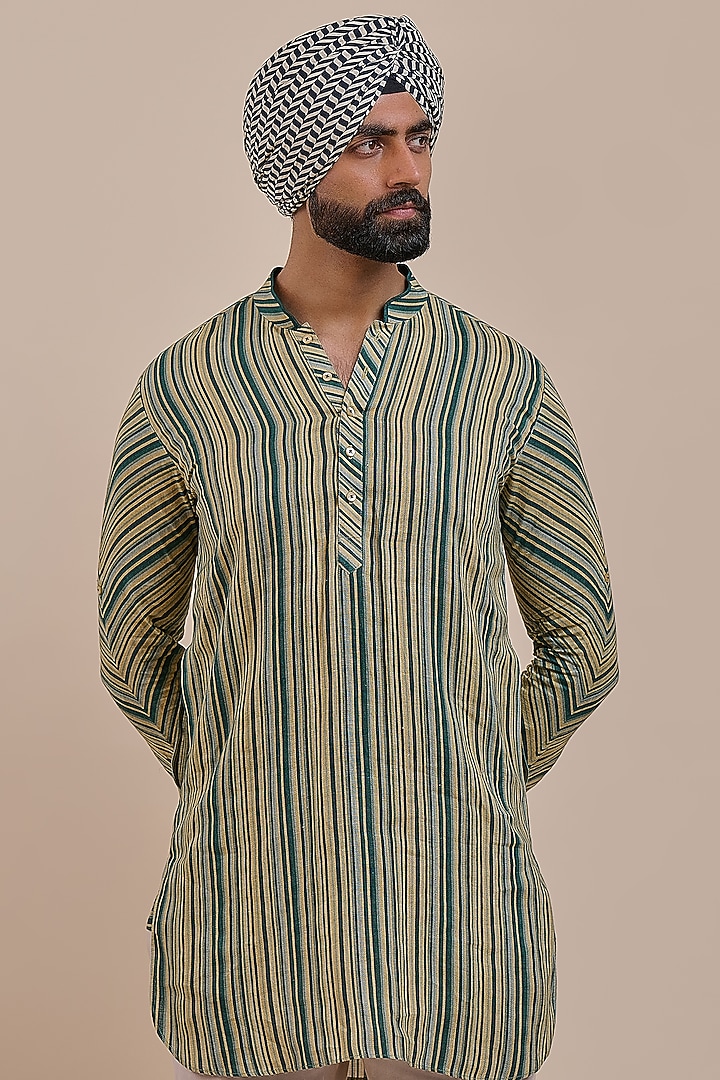 Olive Green Linen Striped Kurta by JJV.Kapurthala By JJ Valaya Men at Pernia's Pop Up Shop