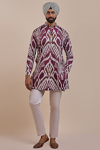 Plum Red Giza Cotton Ikat Printed Kurta by JJV.Kapurthala By JJ Valaya Men
