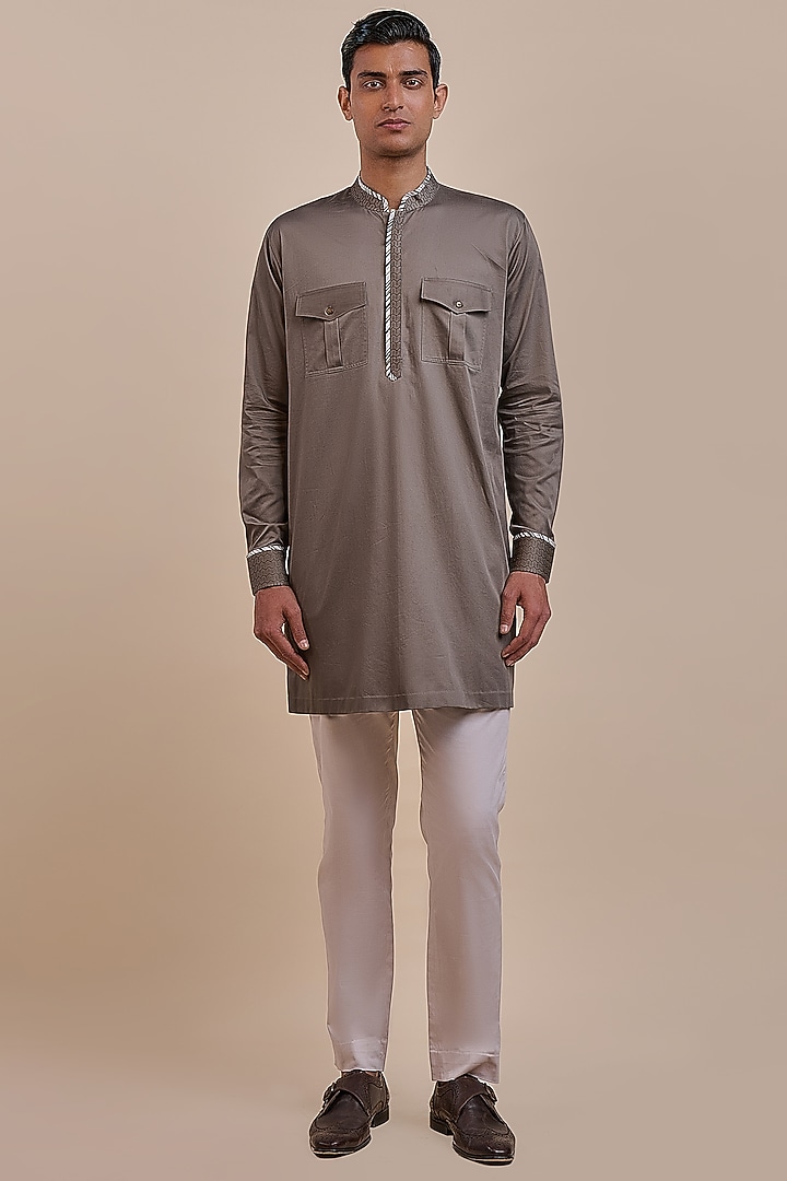 Ash Brown Cotton Kurta by JJV.Kapurthala By JJ Valaya Men at Pernia's Pop Up Shop